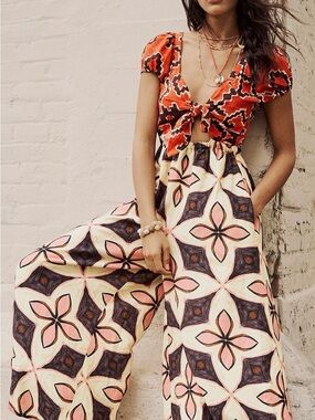 Free People Floral Tile Wide-Leg Jumpsuit LARGE Women’s Boho Chic Vacation Beach